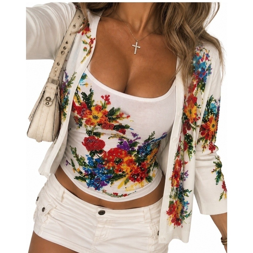 Vertigo Paris Y2K Camisole Sweater Set Large White Floral Beaded Sequin 2000s